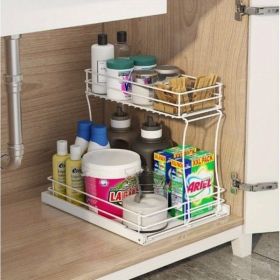 Two-tier sink organizer, pull out cabinet organizer two layers slide out of the sink cabinet organizer