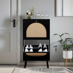 FCH 2 dump buckets with high feet round rattan shoe cabinet particle board + plastic rattan 54*24*98cm black frame + original wood rattan surface + go