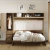 Full Size Murphy Bed with Wardrobe, Drawers and Open Shelves, Antique Wood