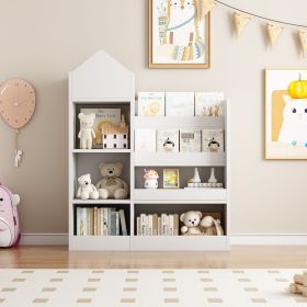 White Kids Wooden Bookshelf Toy Storage Organizer with Bookcase, Kid's Bin Storage Unit with 6 Compartments 2 Baskets Bins Toys Box Organizer