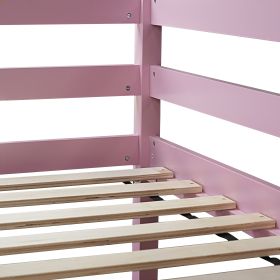 Twin High Loft Bed, Rubber Wood Loft Bed with Safety Guardrail, built-in desk, ladder,Pink