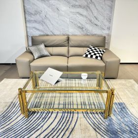 47" Wide Rectangle Modern Stainless Steel Coffee Table, Double-Layer Clear Tempered Glass Coffee Table, Center Table with Storage