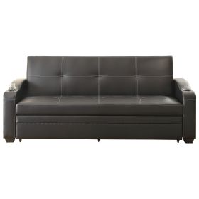 1pc Living Room Furniture Elegant Lounger Black Faux Leather Upholstery Cup-Holders Solid Wood Sofa with Pull-out Bed