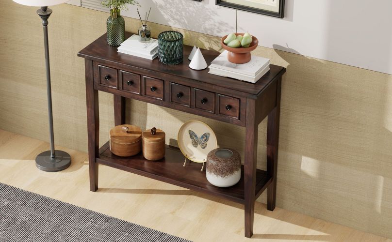TREXM Rustic Console Table with Open Shelf, Rubber Wood Legs, Ideal for Entryways, Living Rooms, and Hallways (Espresso) TREXM Rustic Console Table with Open Shelf, Rubber Wood Legs, Ideal for Entryways, Living Rooms, and Hallways (Espresso)