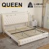 Queen Size Wingback Upholstered Platform Bed Frame with Galaxy Projector, Diamond Button Headbaord, USB Charger, Music Speaker, Velvet