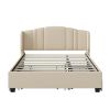 Upholstered Platform Bed with Wingback Headboard, One Twin Trundle and 2 Drawers, No Box Spring Needed, Linen Fabric, Queen Size, Beige