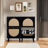 FCH 2 dump buckets with high feet round rattan shoe cabinet particle board + plastic rattan 54*24*98cm black frame + original wood rattan surface + go