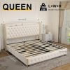 Queen size bed frame with 4 drawers, Star Projector Galaxy Light, Wingback Upholstered Headboard with Diamond Button, USB Charger and music speaker
