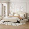 Upholstered Platform Bed with Wingback Headboard, One Twin Trundle and 2 Drawers, No Box Spring Needed, Linen Fabric, Queen Size, Beige