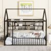 Twin Size Metal Bed House Bed Frame with Fence and Shelves, Black