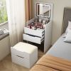 3 in 1 Vanity Desk with Plip Top Mirror,Small Make Up Vanity Set with Visible Glass Desktop,Compact Makeup Vanity with 3 Drawers,Cushioned Tool