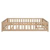 Full Size Floor Platform Bed with Fence and Door for Kids, Montessori Floor Bed Frame with Support Slats for Toddlers, Wooden Floor Bed Natural