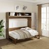 Full Size Murphy Bed with Wardrobe, Drawers and Open Shelves, Antique Wood