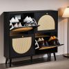 FCH 2 rows of 4 dump buckets with high feet round rattan shoe cabinet particle board + plastic rattan 105*24*98cm black frame + original wood rattan s