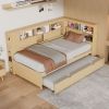 Twin Size Wood Daybed with Storage Shelves, USB and Trundle, Natural