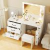 55.2" Vanity Desk with Freely Adjustable Side Cabinet, Makeup Vanity with Hollywood Lights, 5 Storage Drawers & 2-shelves, Modern Dressing Table