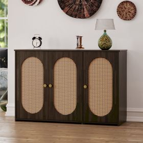 Retro 3-Door Sideboard with Large Storage Space Artificial Rattan Doors and Metal Handles,Accent Cabinet for Living Room and Hallway (Color: Brown, Material: Particle Board+MDF)
