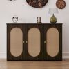 Retro 3-Door Sideboard with Large Storage Space Artificial Rattan Doors and Metal Handles,Accent Cabinet for Living Room and Hallway